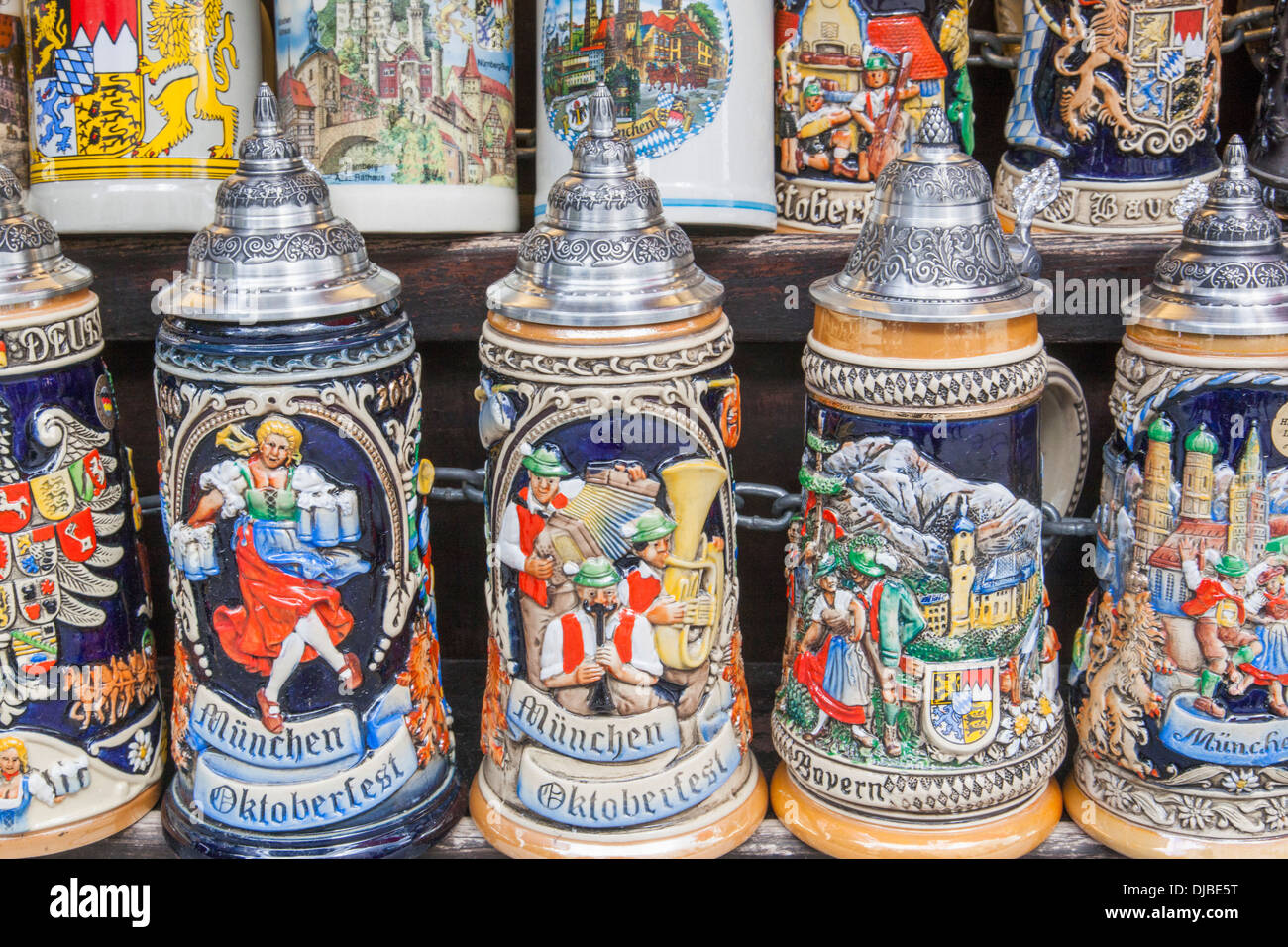 Germany, Bavaria, Munich, Souvenir Shop Window Display of Beer Steins