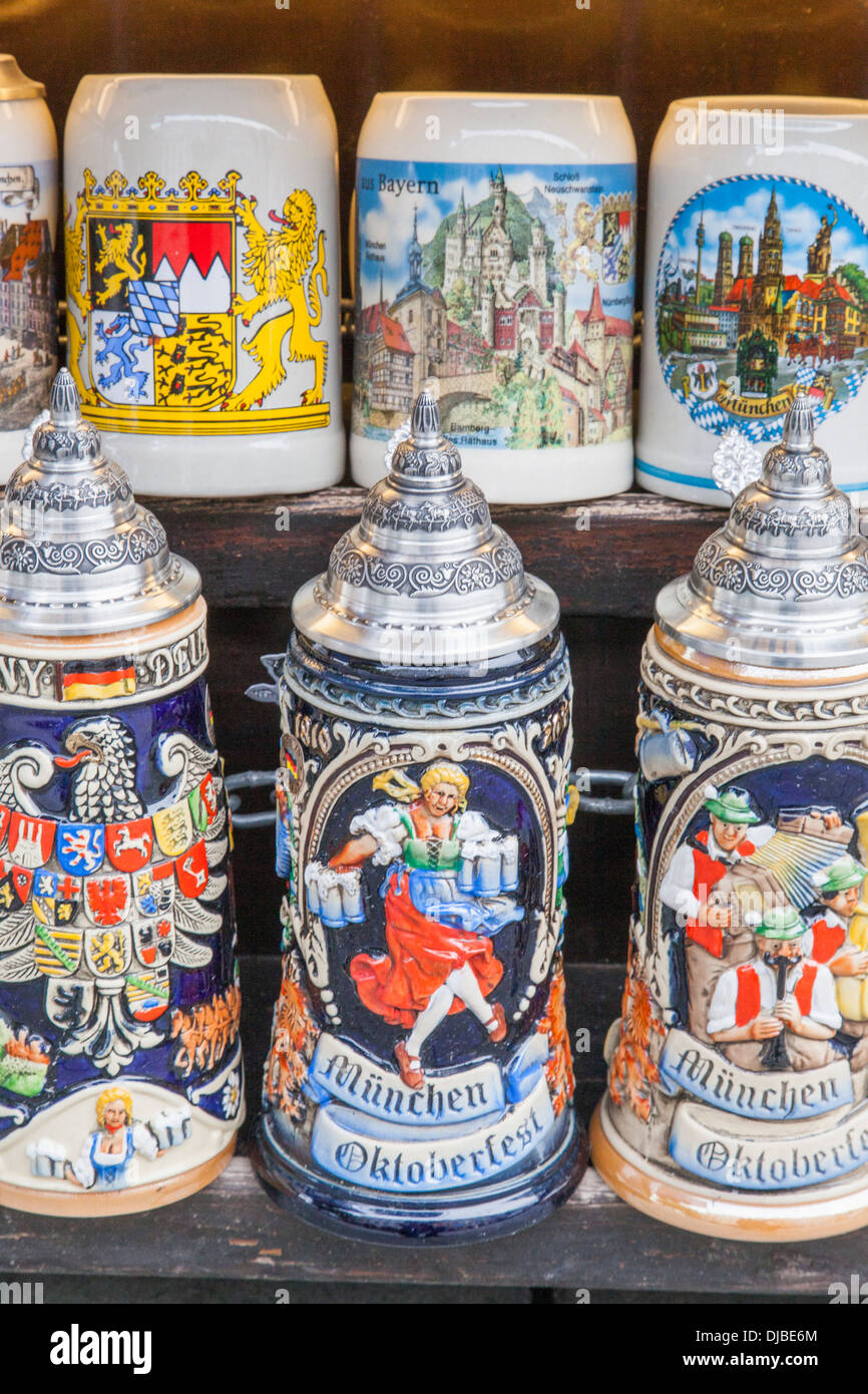 Germany, Bavaria, Munich, Souvenir Shop Window Display of Beer Steins