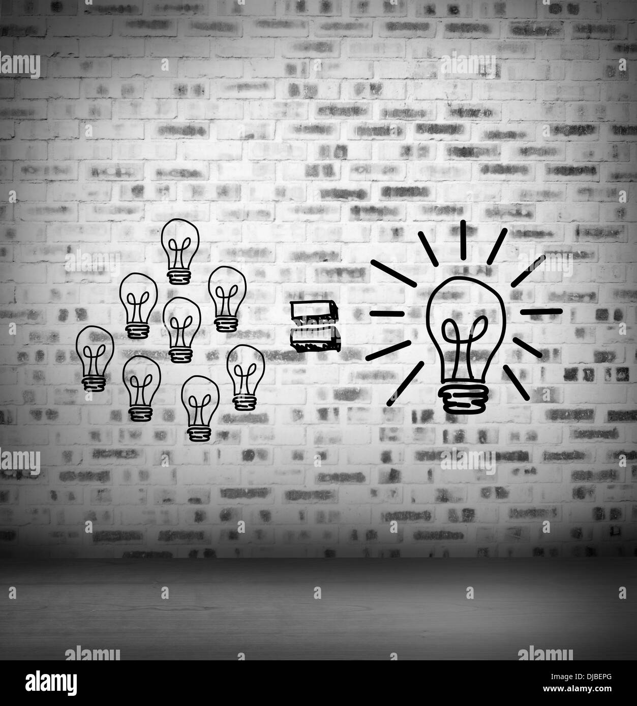 Light bulbs at brick lined wall Stock Photo