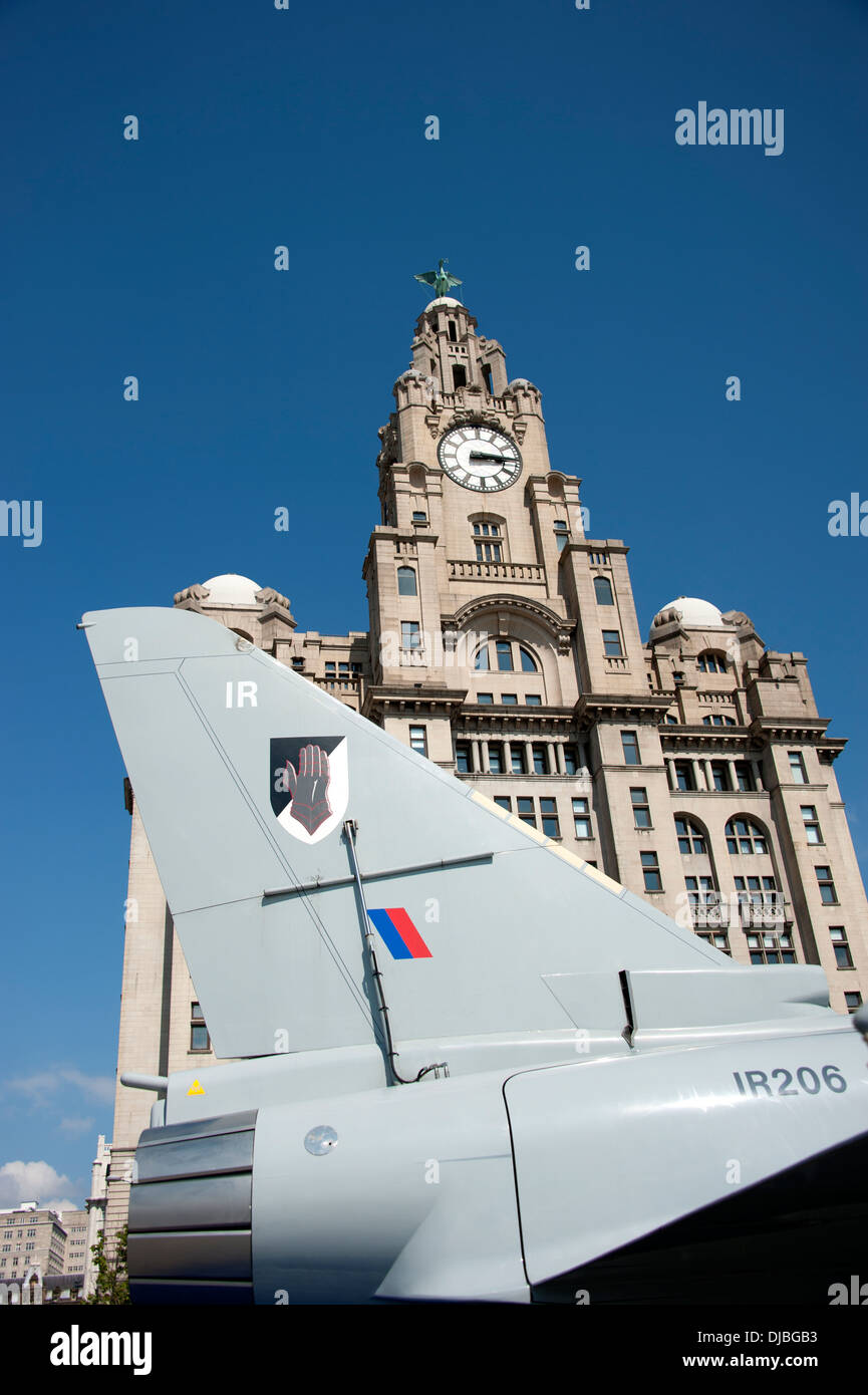 Liverpool Liver Buildings with Fighter Jet Tail Stock Photo