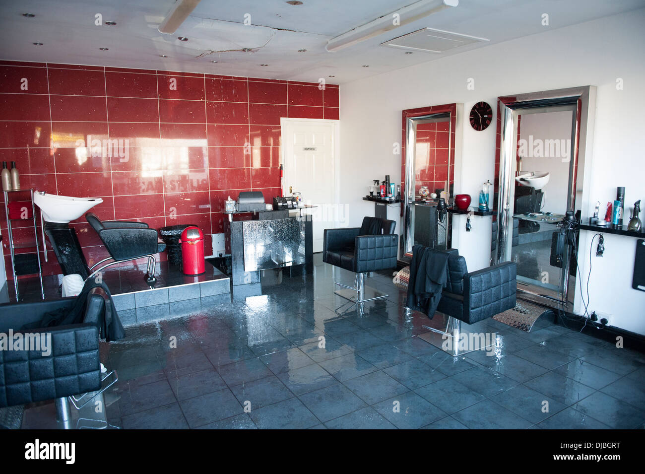 Flooded Hairdressers Beauty Salon Flooding water Stock Photo