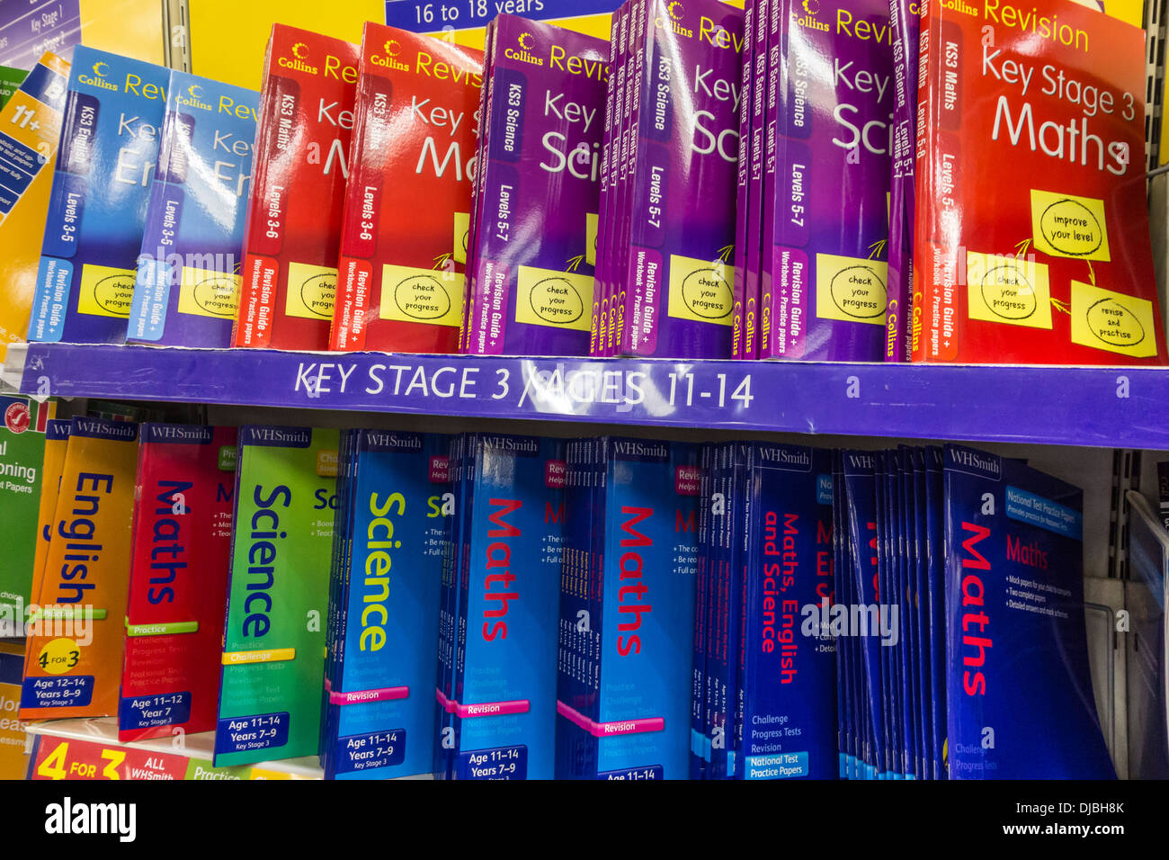 Key Stage 3 (Ages 11-14) Revision books on display at WH Smith, UK Stock Photo