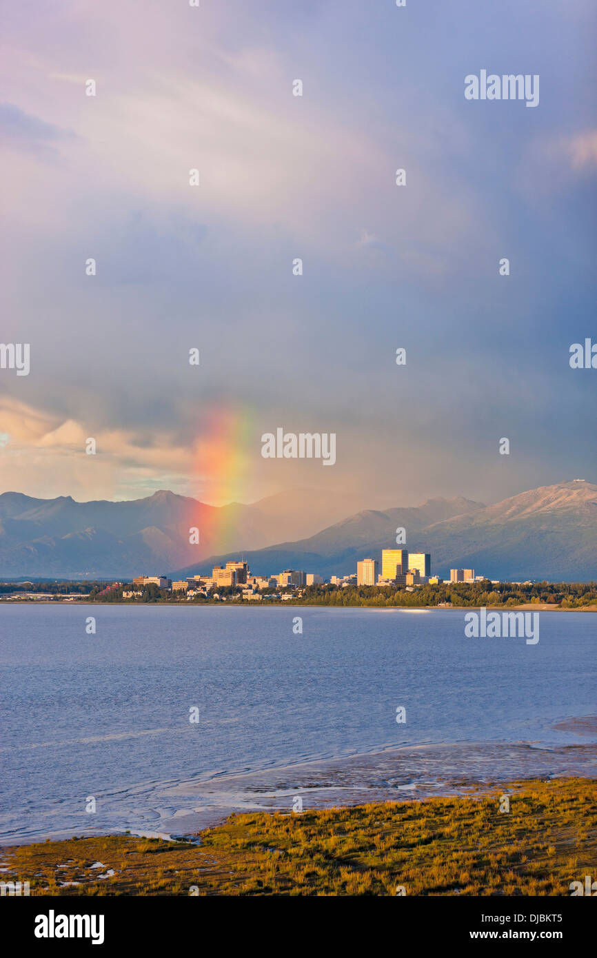 Rainbow Above The Anchorage City Skyline And Knik Arm At High Tide