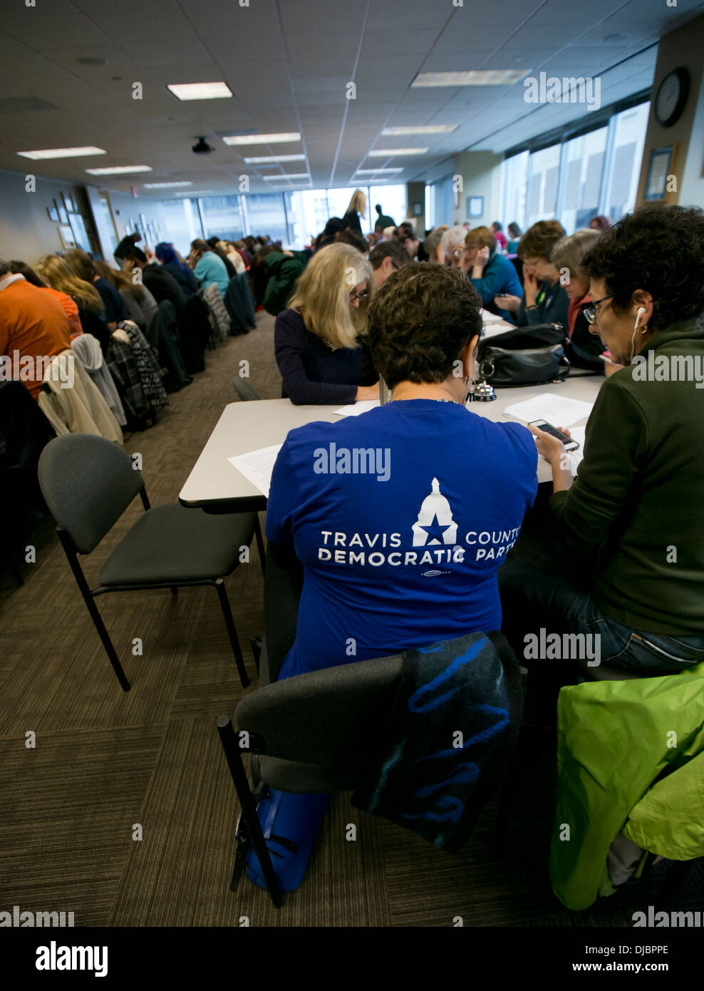 Volunteers at a phone bank for Democratic political candidate in Texas. Callers request donations for office seekers Stock Photo