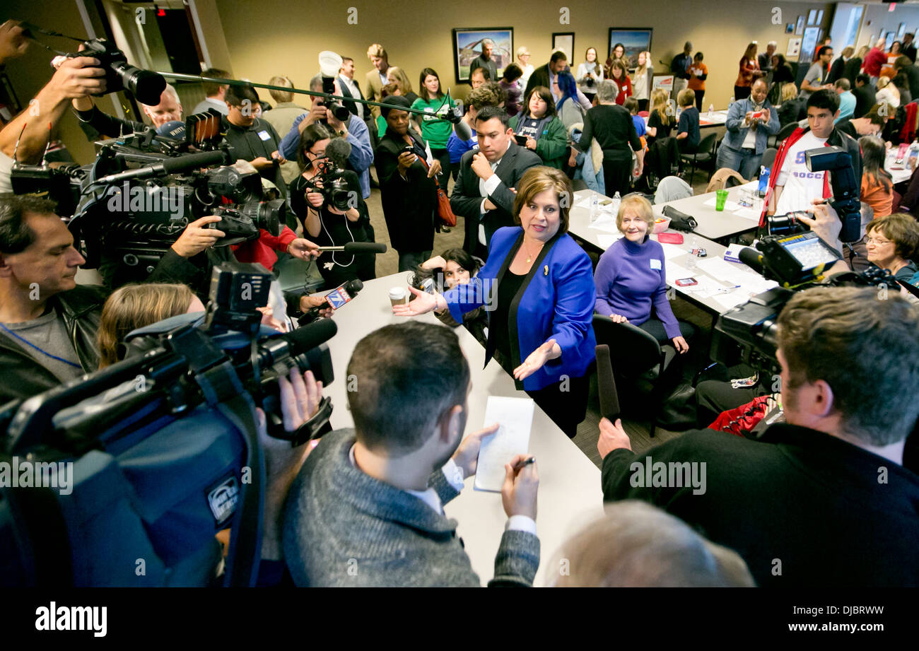 Texas state Sen. Leticia Van de Putte talks to the press at a Democratic party fund-raising call center in Austin, TX Stock Photo