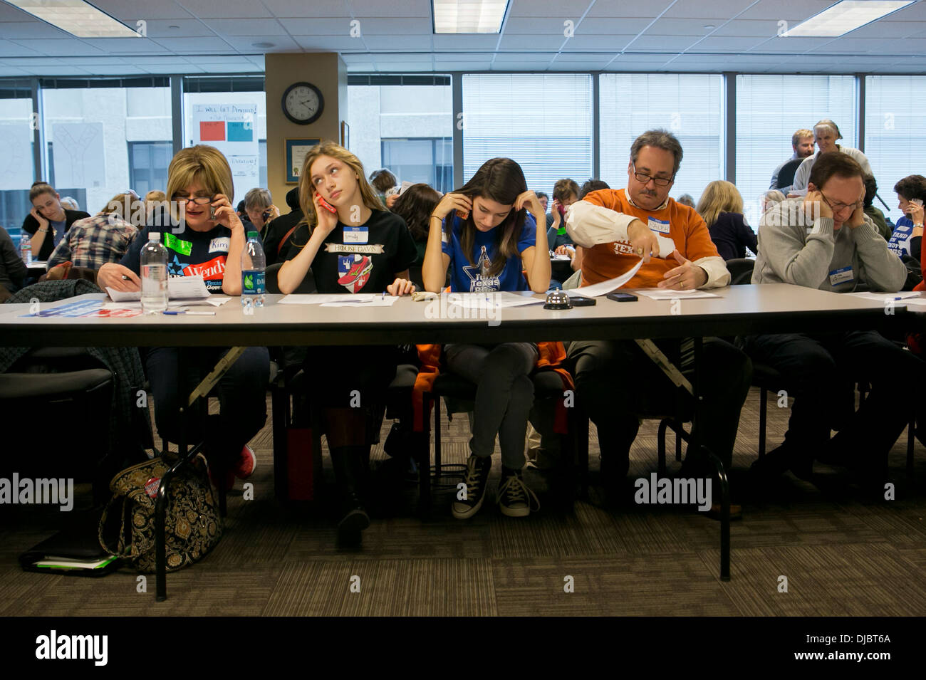 Volunteers at a phone bank for Democratic political candidate in Texas. Callers request donations for office seekers Stock Photo