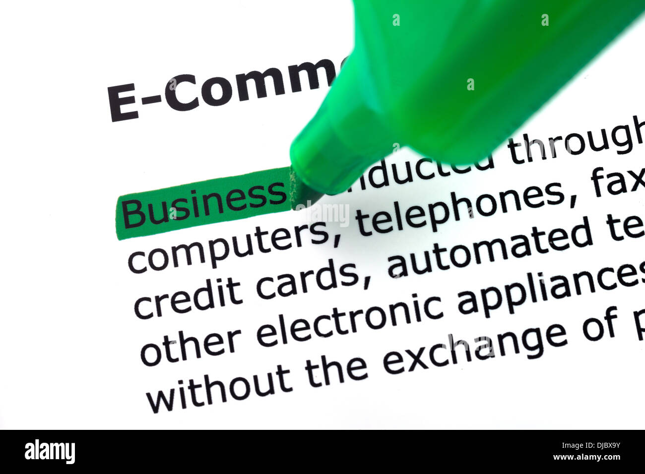 the word e-commerce, highlighted in green on white backgrounds Stock Photo