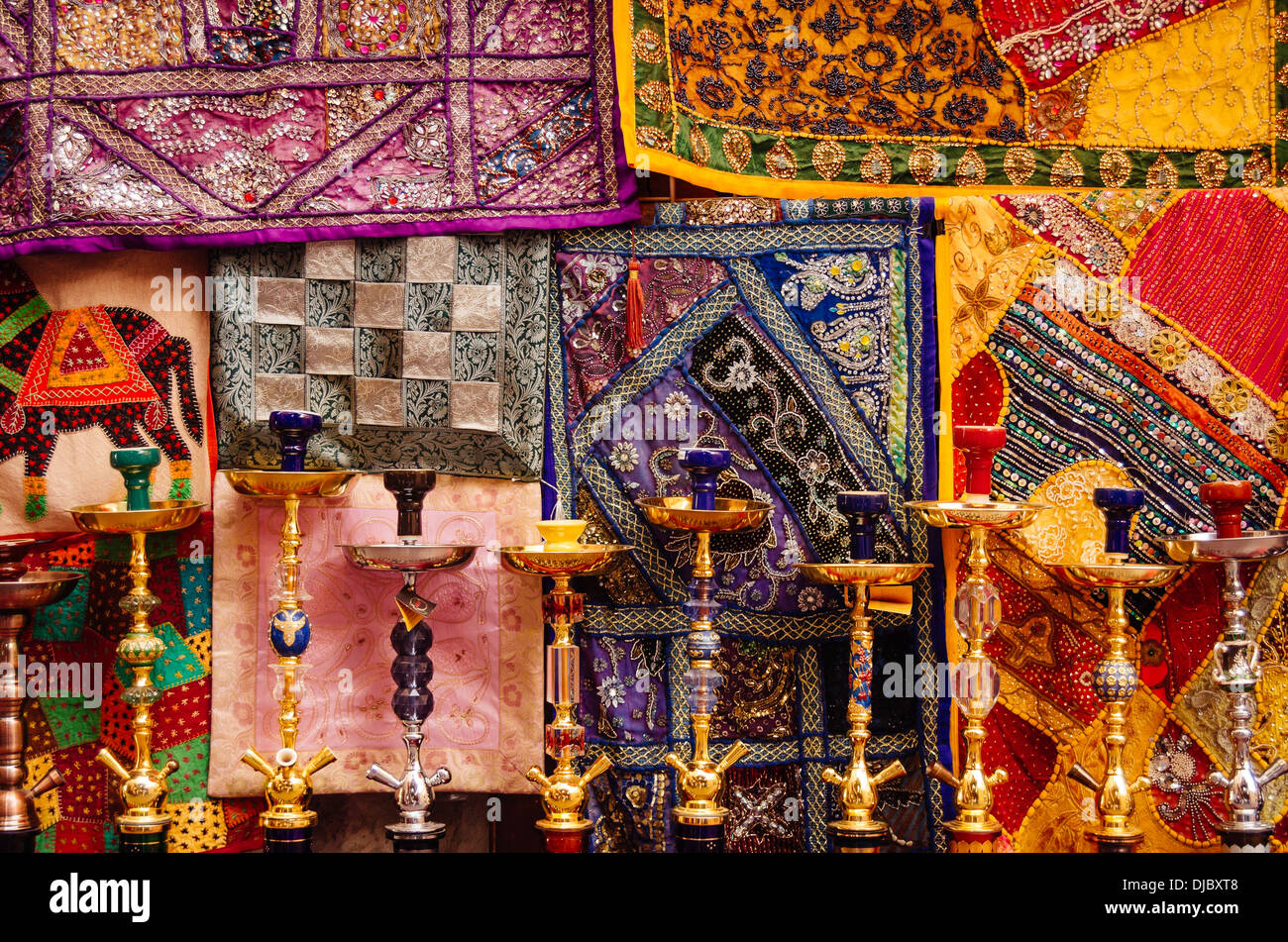 Colorful rugs and hookahs for sale at Bur Dubai Souk. Dubai, United Arab Emirates. Stock Photo