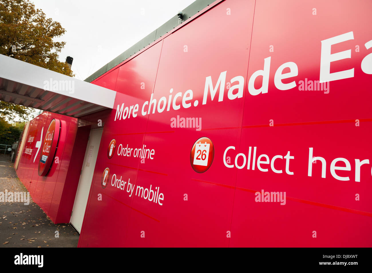 Exterior signage to Tesco Click & Collect pick-up point. Stock Photo