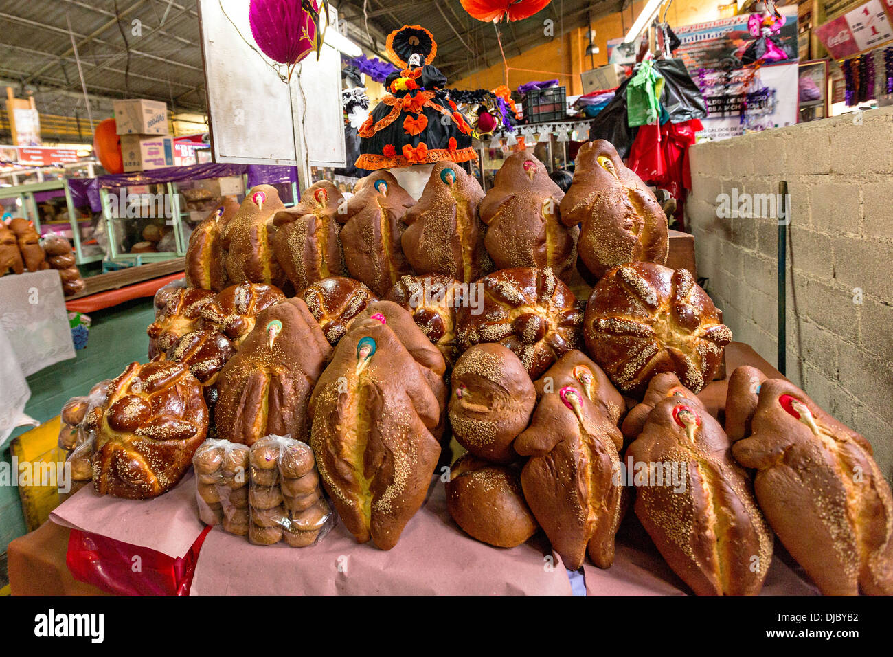 A Pan de Muerto, a special sweet bread for celebrating the Day of the Dead festival known in spanish as Día de Muertos at Central de Abastos Market October 31, 2013 in Oaxaca, Mexico. Stock Photo