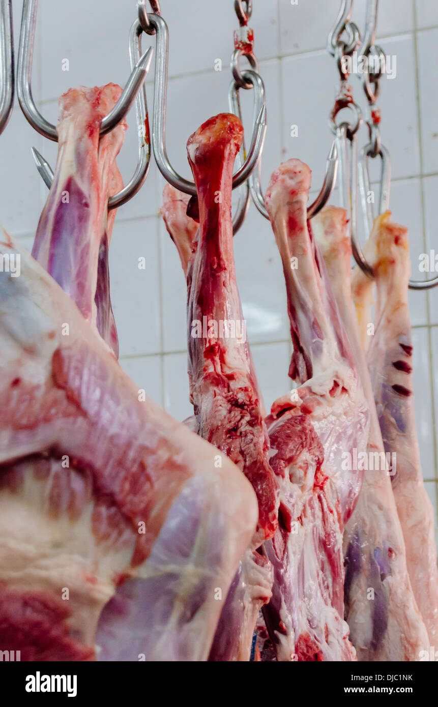 Beef carcasses rest in hooks hanging from the ceiling at Deira's Meat Market. Dubai, UAE. Stock Photo