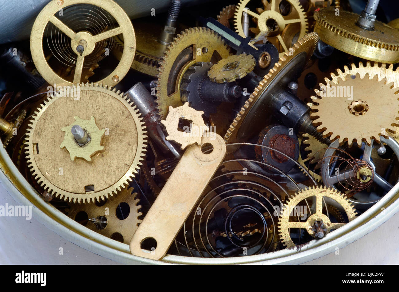 clockwork mechanism in the can - canned time Stock Photo