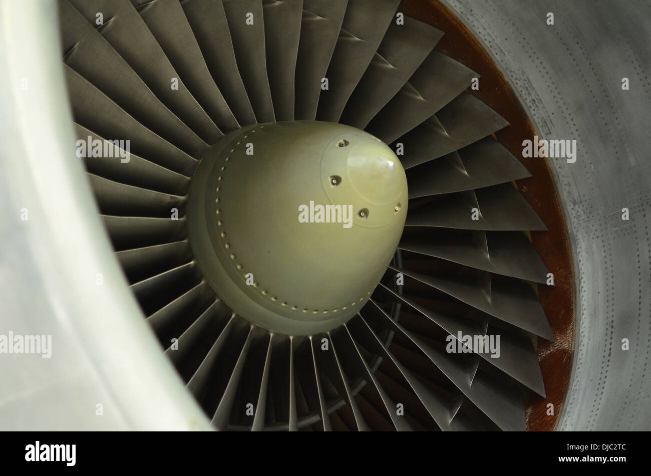 Rolls Royce jet engine turbine blades up close. Stock Photo