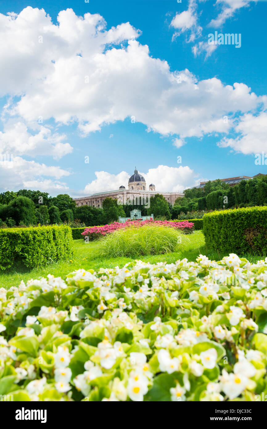 Volksgarten park in Vienna full of spring blooming flowers and national library on background Stock Photo