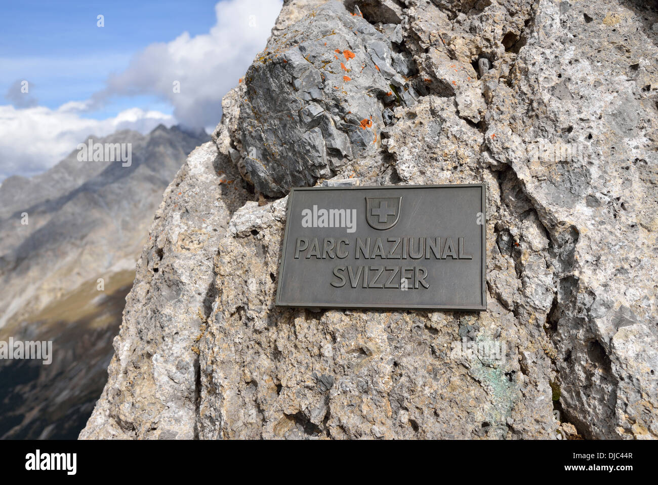 Sign at the border to the Swiss National Park, Lower Engadine, Canton of Grisons, Switzerland, Europe Stock Photo