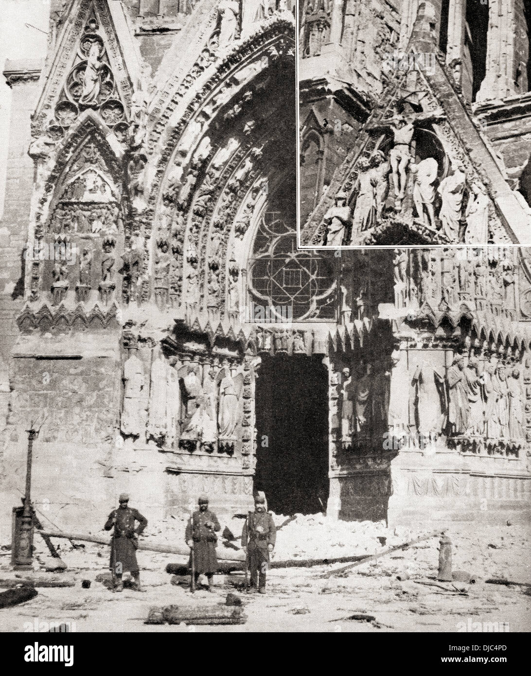 Damage done to Reims cathedral, France by German shells during WWI. From The War Illustrated Album Deluxe, published 1915. Stock Photo