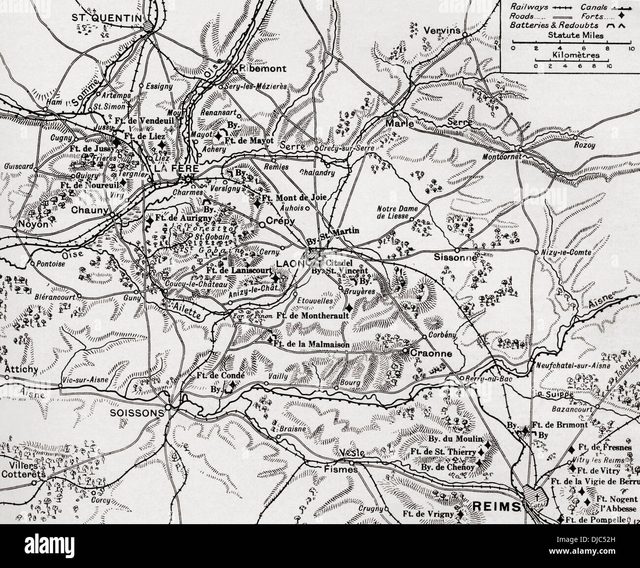 Map illustrating the region of the First Battle of the Aisne, fought along the Rivers Aisne, Oise and Somme, France during WWI. Stock Photo