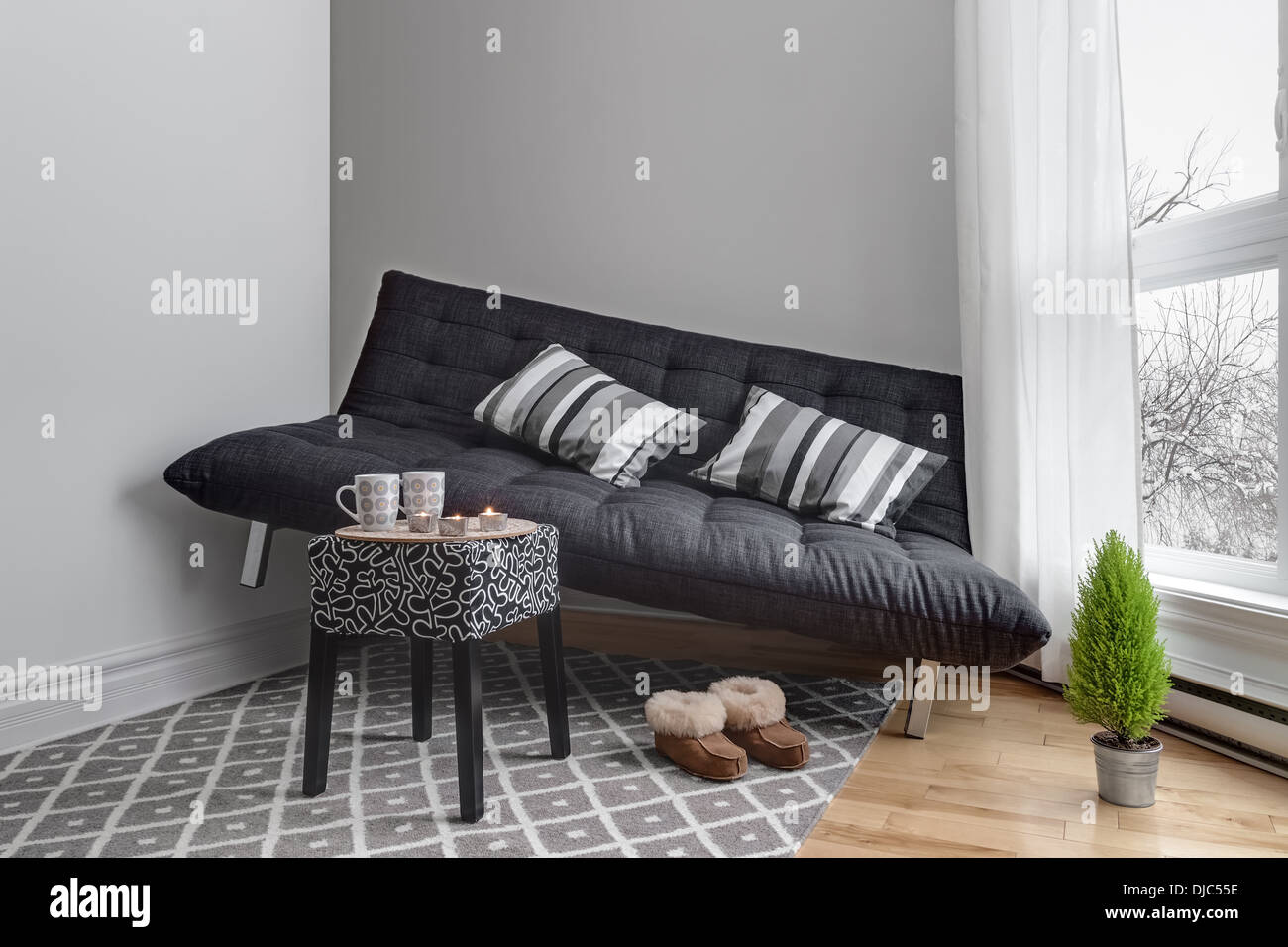 Lack of space. Sofa that didn't fit into the living room Stock Photo