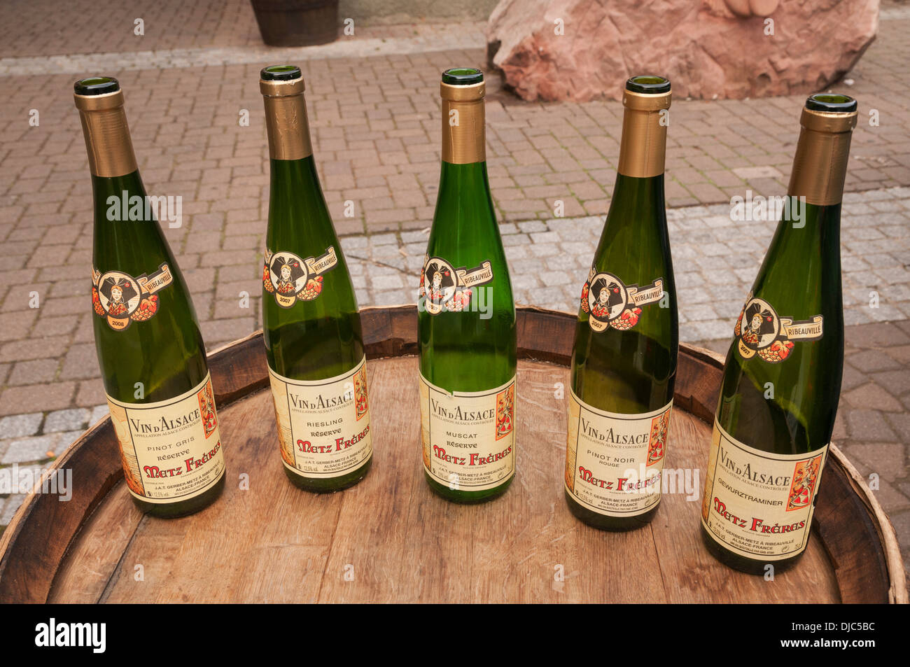 Elk213-2077 France, Alsace, Ribeauville, Alsatian wine bottles Stock Photo