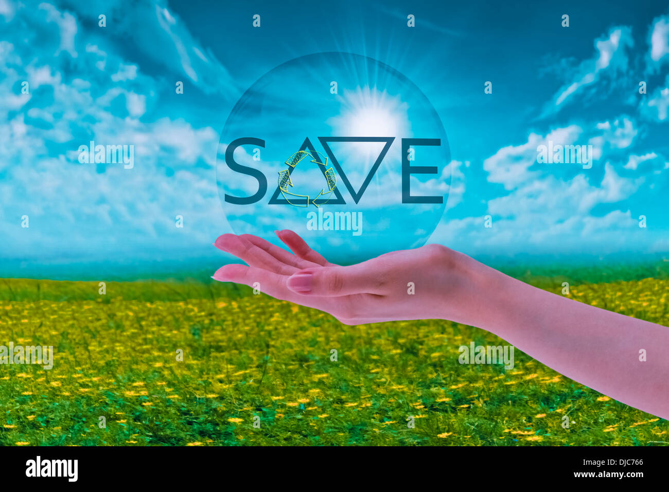 Hand Holding Bubble with Save Earth, Environment Concept Stock Photo
