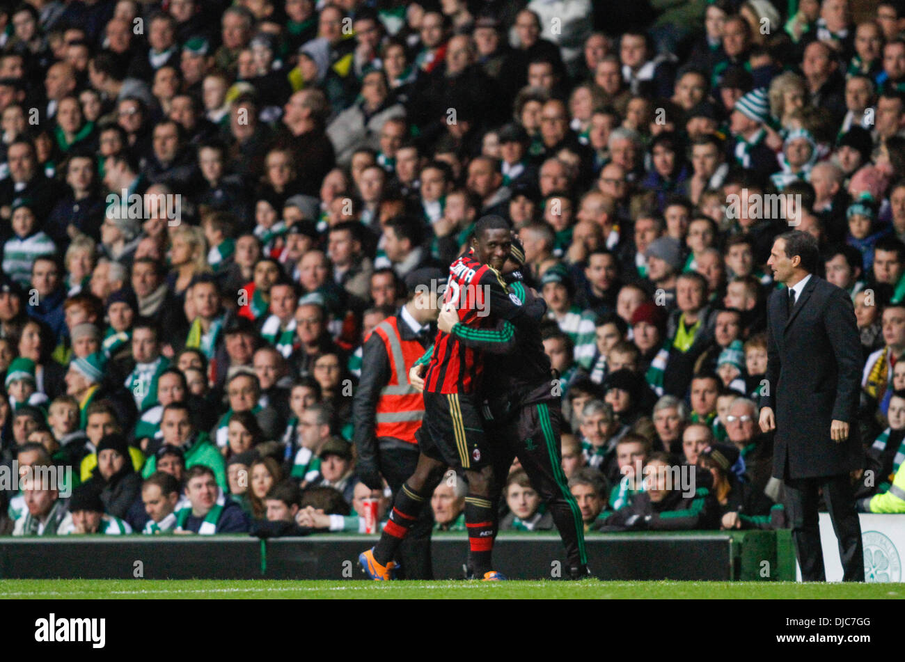 Glasgow, Scotland. 26th Nov, 2013. Cristian Zapata celebrates his goal with Massimiliano Allegri during the Champions League game between Celtic and AC Milan from Celtic Park. Credit:  Action Plus Sports/Alamy Live News Stock Photo
