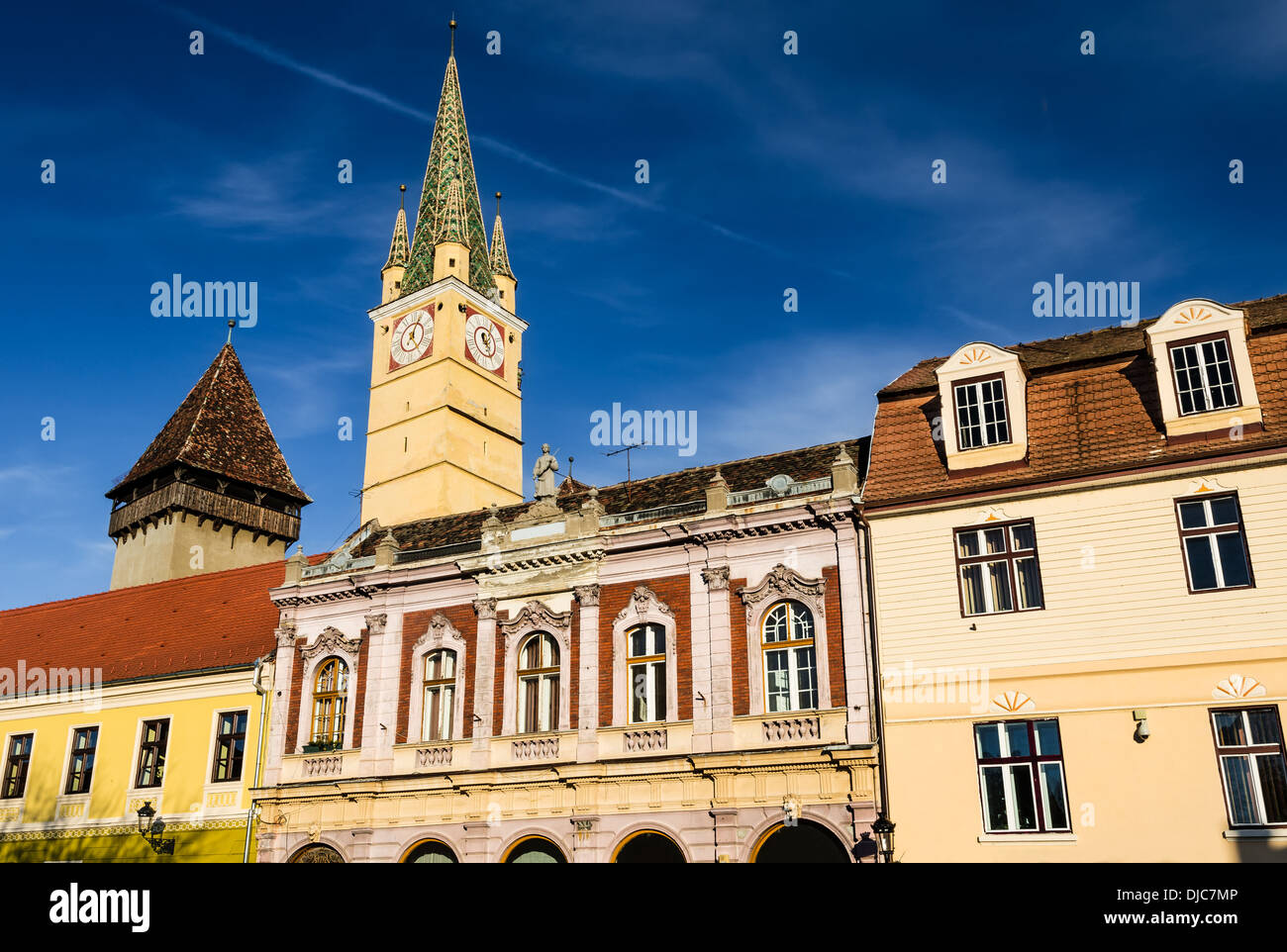 Medias, Transylvania. One of the best preserved historical centers in Romania. Medieval tower of Buglers. Stock Photo