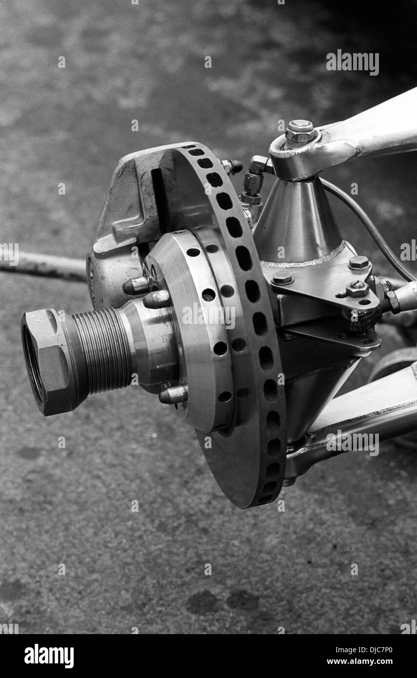 The front stub axle and disc brake of a Ferrari at the British GP, Brands Hatch, England 1970. Stock Photo