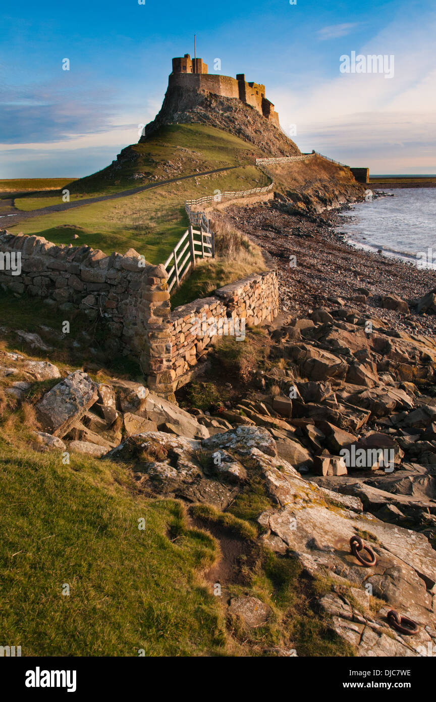 Holy Island and the castle that defended the harbour, Lindisfarne Castle Stock Photo