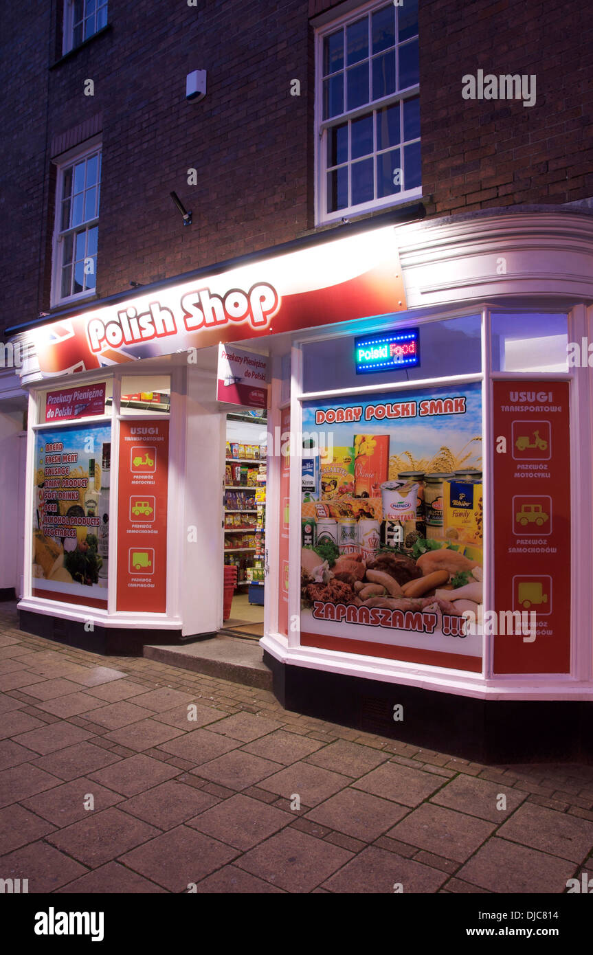 Modern society. A Polish grocers shop on the High Street in Dorchester, offering “Polski” food and products to the local community. Dorset, England, UK. Stock Photo