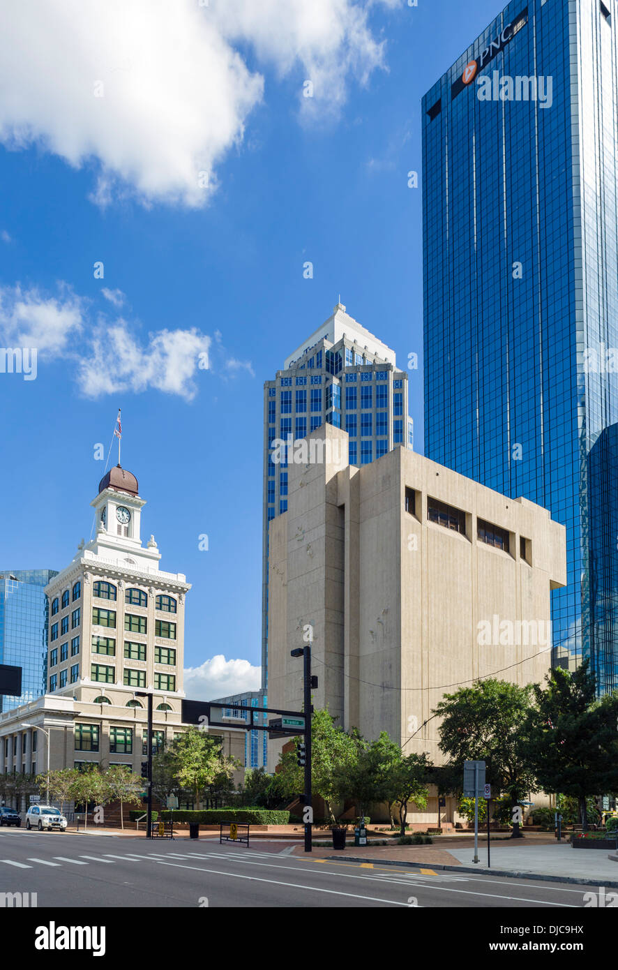 East Kennedy Boulevard in downtown area with Old City Hall to left One Tampa City Center building to right, Tampa, Florida, USA Stock Photo