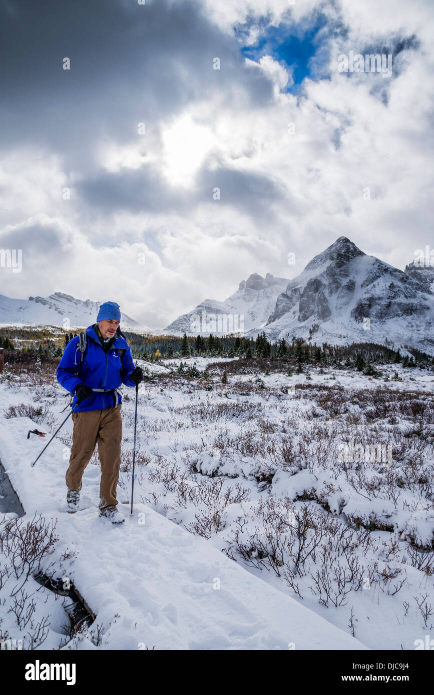 Hiker in winter, Mount Assiniboine Provincial Park, British Columbia, Canada Stock Photo