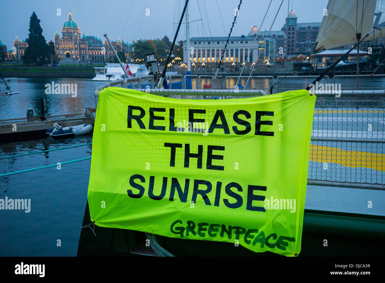 Greanpeace banner, Release the sunrise. Stock Photo