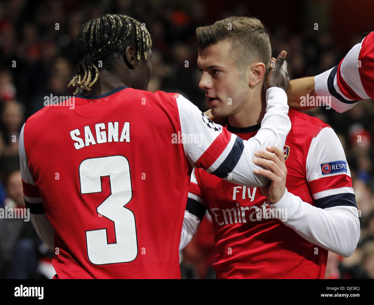 London, UK. 26th Nov, 2013. ( Jack Wilshere (R) of Arsenal celebrates his first goal with teammate Bacary Sagna during the UEFA Champions League Group F match between Arsenal and Marseille at Emirates Stadium in London, Britain on Nov. 26, 2013. Arsenal won 2-0 Credit:  Xinhua/Alamy Live News Stock Photo