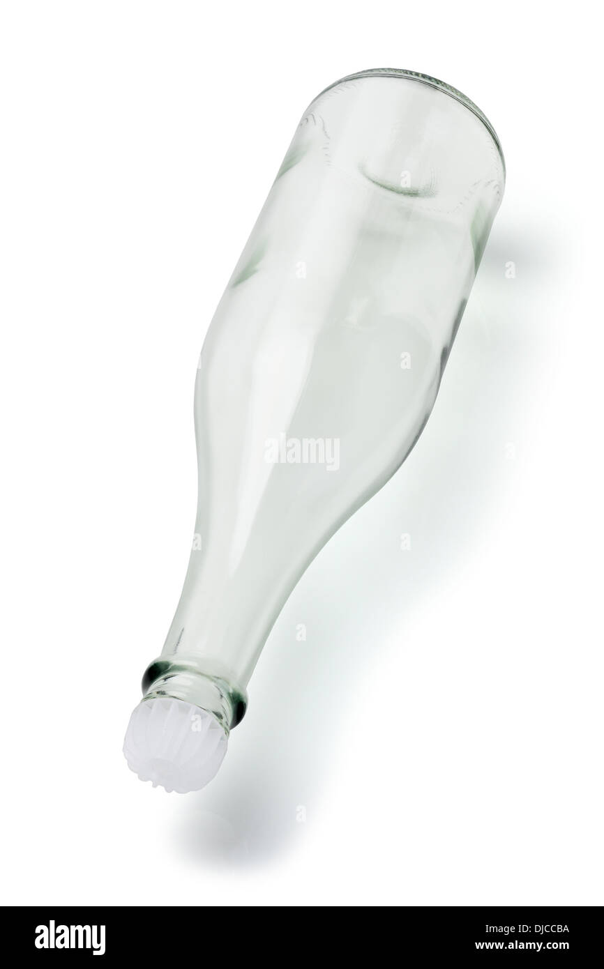 Empty Glass Bottle With Plastic Stopper Lying On White Background Stock Photo