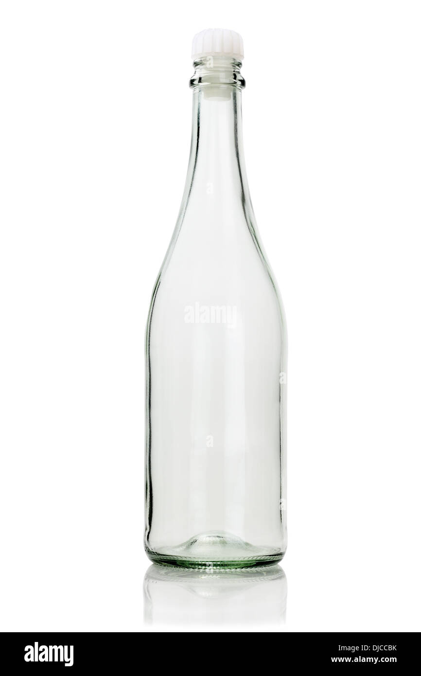 Empty Glass Bottle With Plastic Stopper On White Background Stock Photo