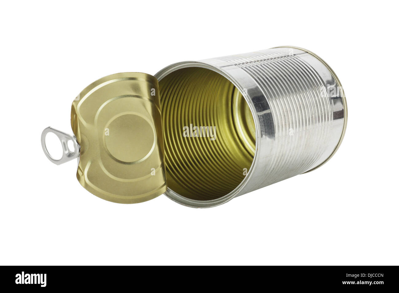 Open Empty Tin Can Lying On White Background Stock Photo