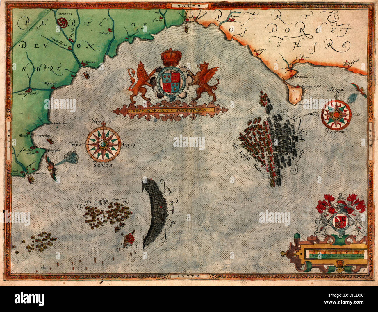 Map of attack of Spanish Armada on England and their defense Stock