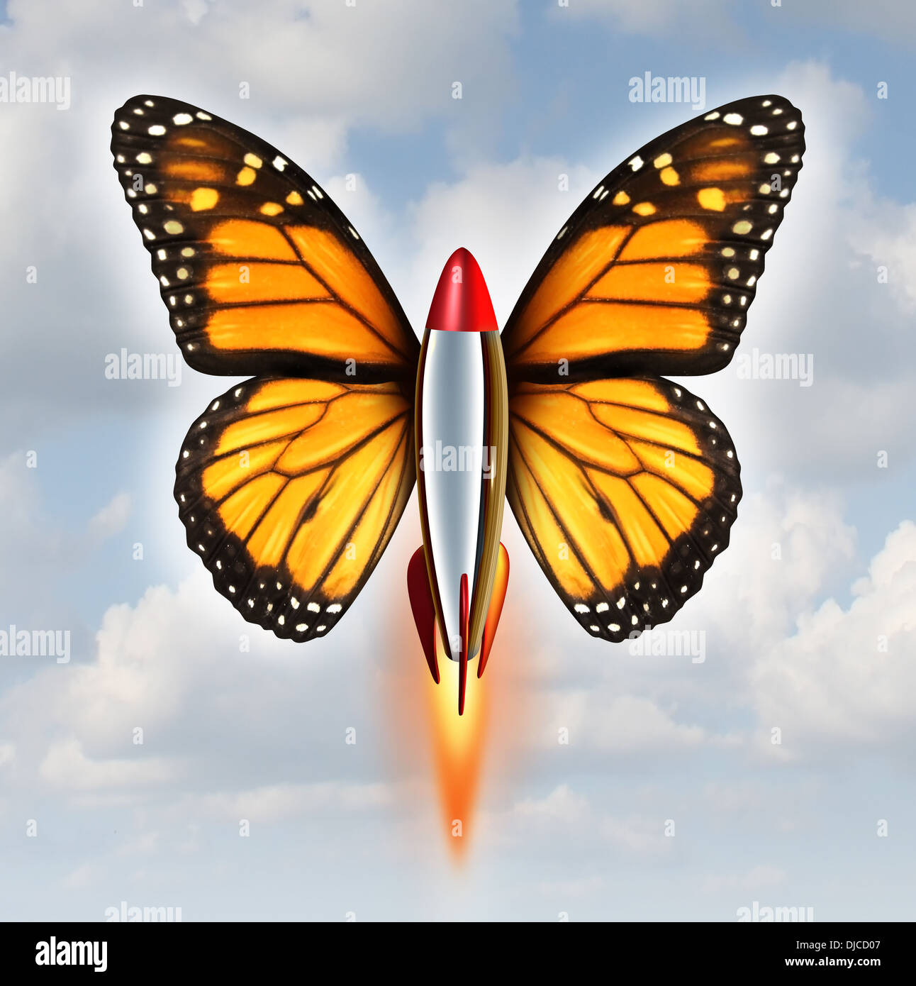 Creative breakthrough business metaphor as a rocket with monarch butterfly wings blasting off to higher levels of success as a symbol of the power and speed of innovation and ivention on a sky background. Stock Photo
