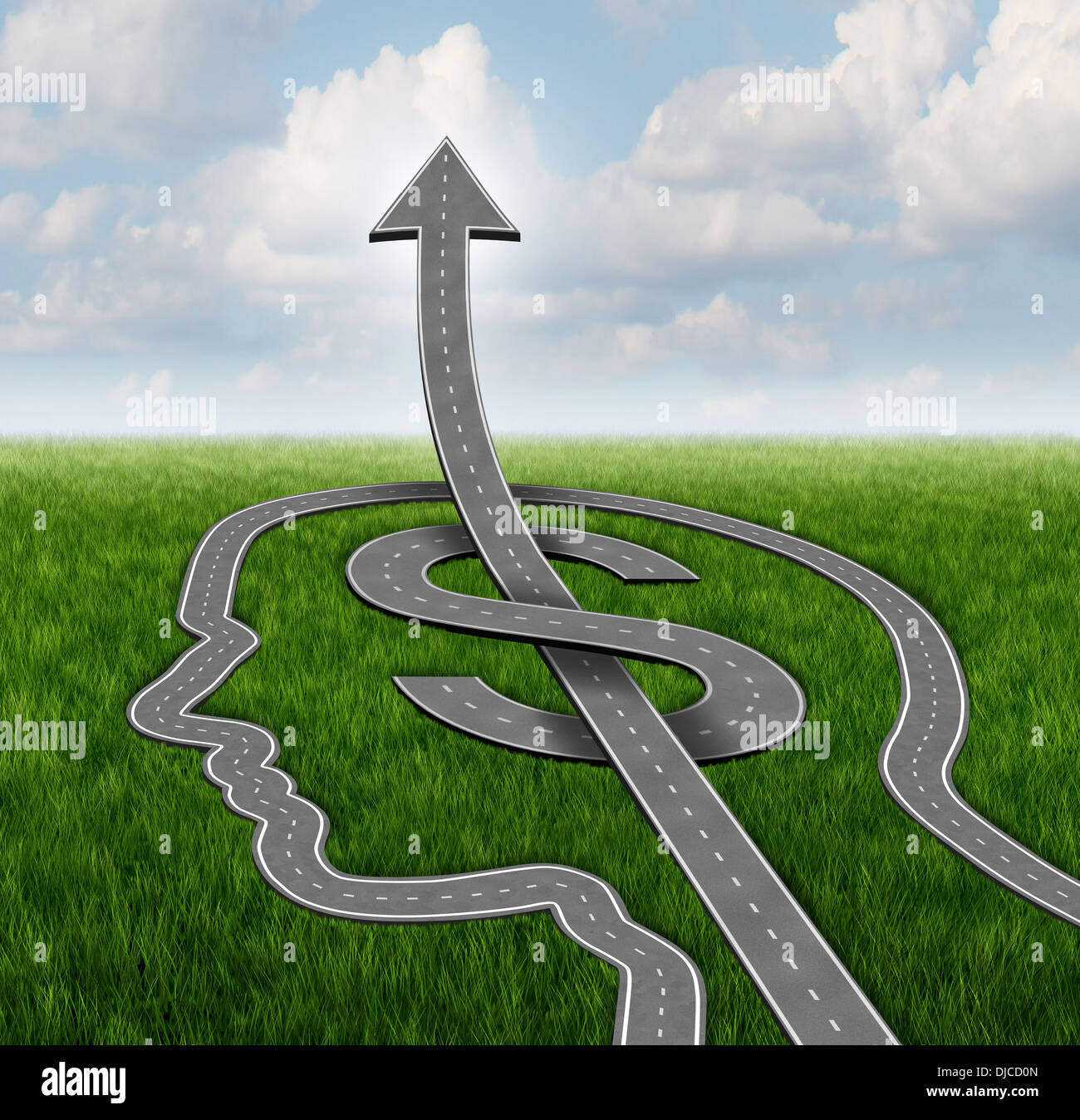 Financial growth path business concept with a group of roads or streets shaped as a human head and a dollar symbol with an arrow pointing up as a metaphor for investing strategy and planning success. Stock Photo