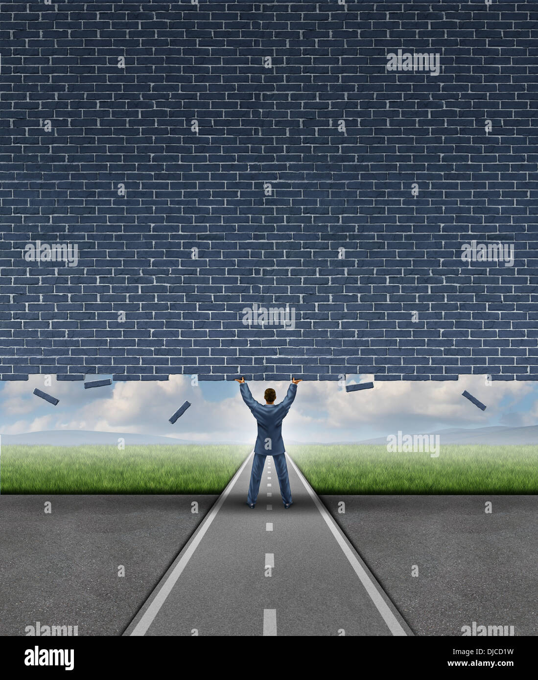 Open opportunity business concept with a strong businessman on a road or path lifting up a heavy brick wall breaking free and opening up a doorway and removing an obstacle to success through leadership and vision. Stock Photo