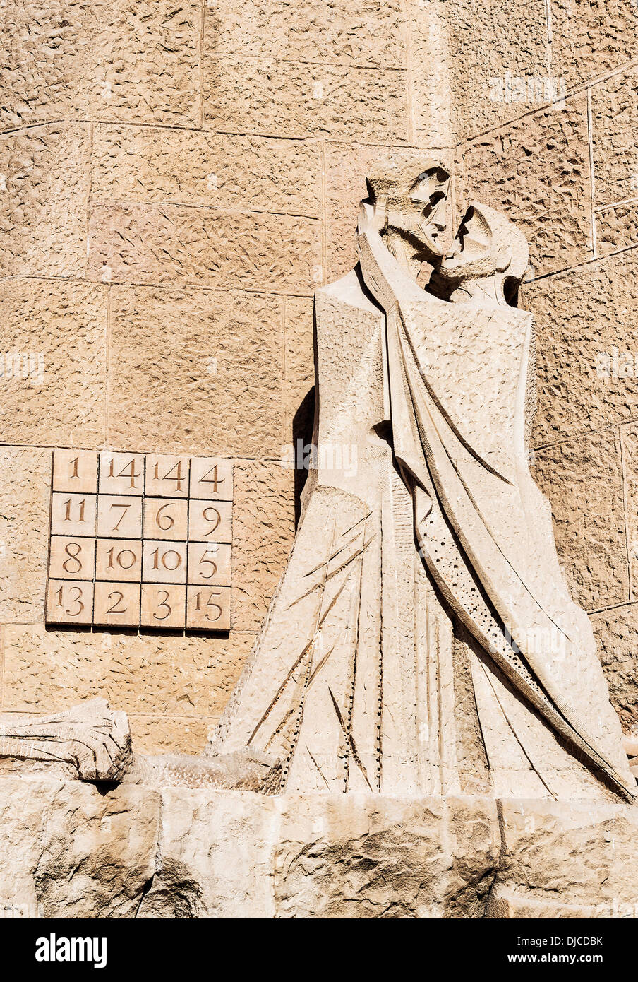 Cryptogram and Judas betrayal of Christ sculpture, Basilica Sagrada Família, Barcelona, Spain Stock Photo