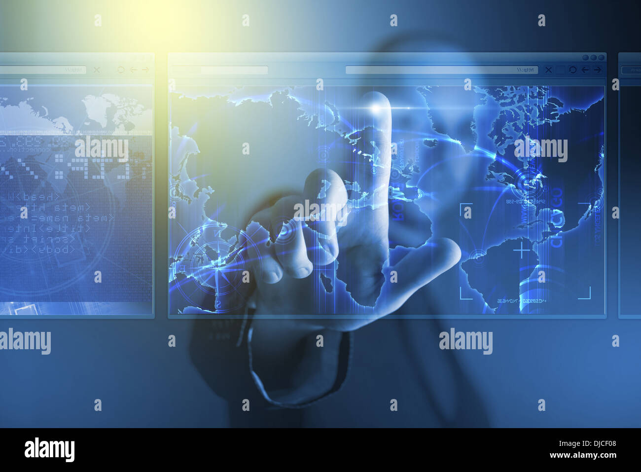 Virtual Screen Works. Businessman Working on Digital Virtual Screen Making Cargo Connection on World Map Switching Between Diffe Stock Photo