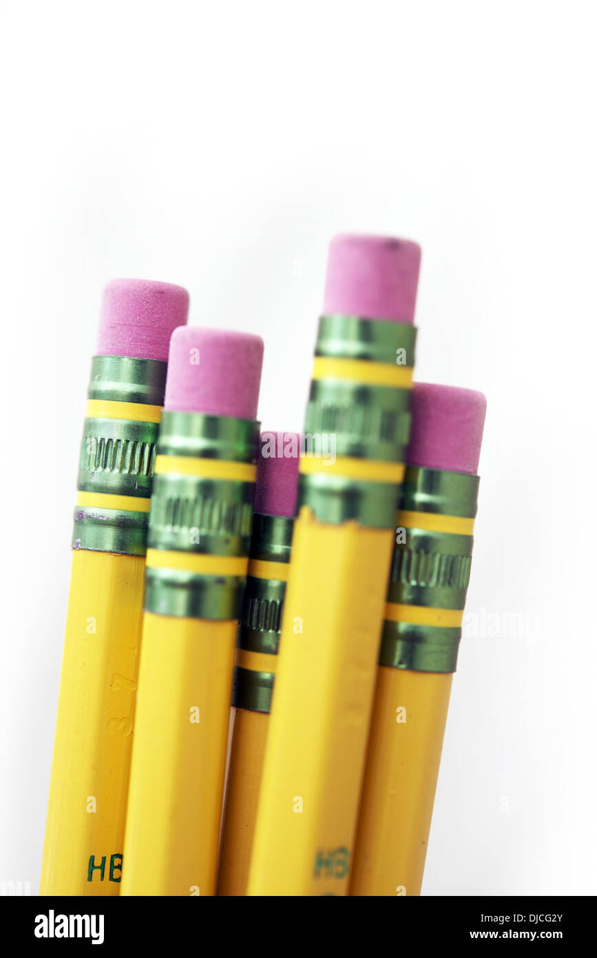Yellow Wooden Pencils with Erasers Isolated on White. Stock Photo