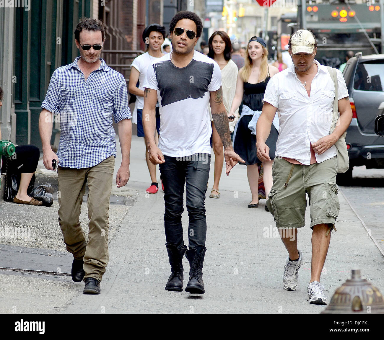 Lenny Kravitz walking with friends in the East Village New York City ...