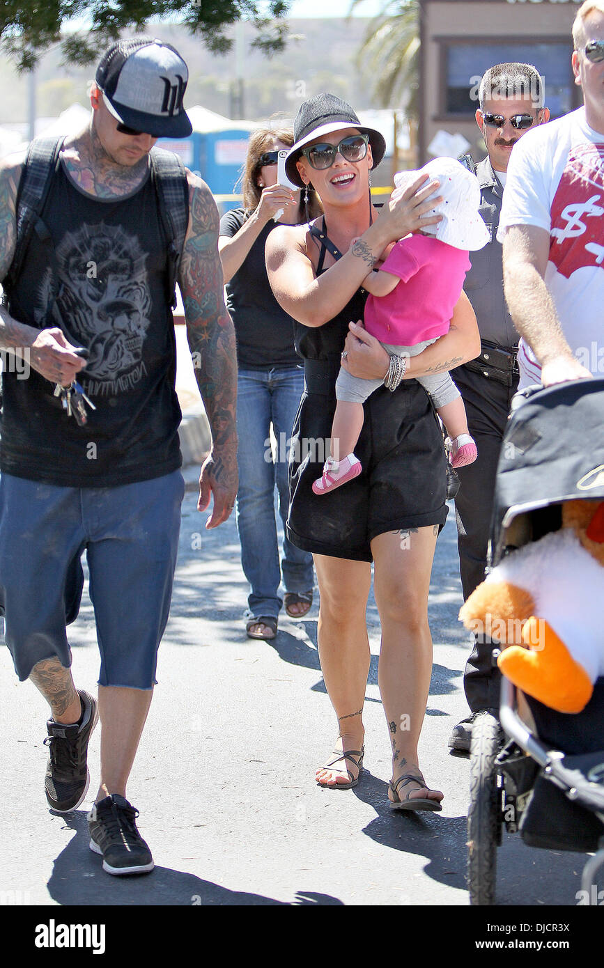 Pink aka Alecia Beth Moore, Willow Sage Hart, and Carey Hart Pink enjoys a day with her family at a chili cook-off in Malibu Los Angeles, California - 02.09.12 Stock Photo