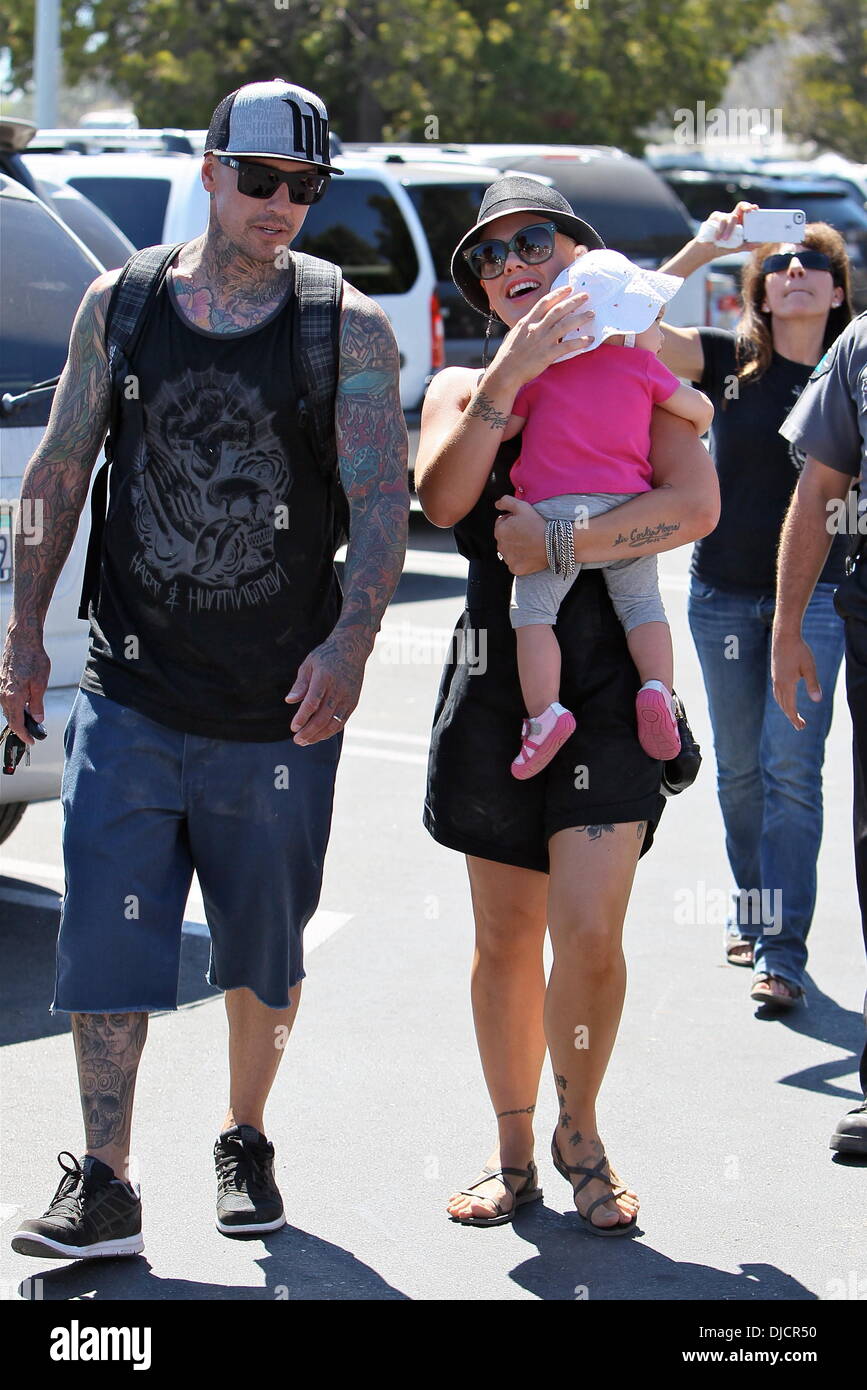 Pink aka Alecia Beth Moore, Willow Sage Hart, and Carey Hart Pink enjoys a day with her family at a chili cook-off in Malibu Los Angeles, California - 02.09.12 Stock Photo