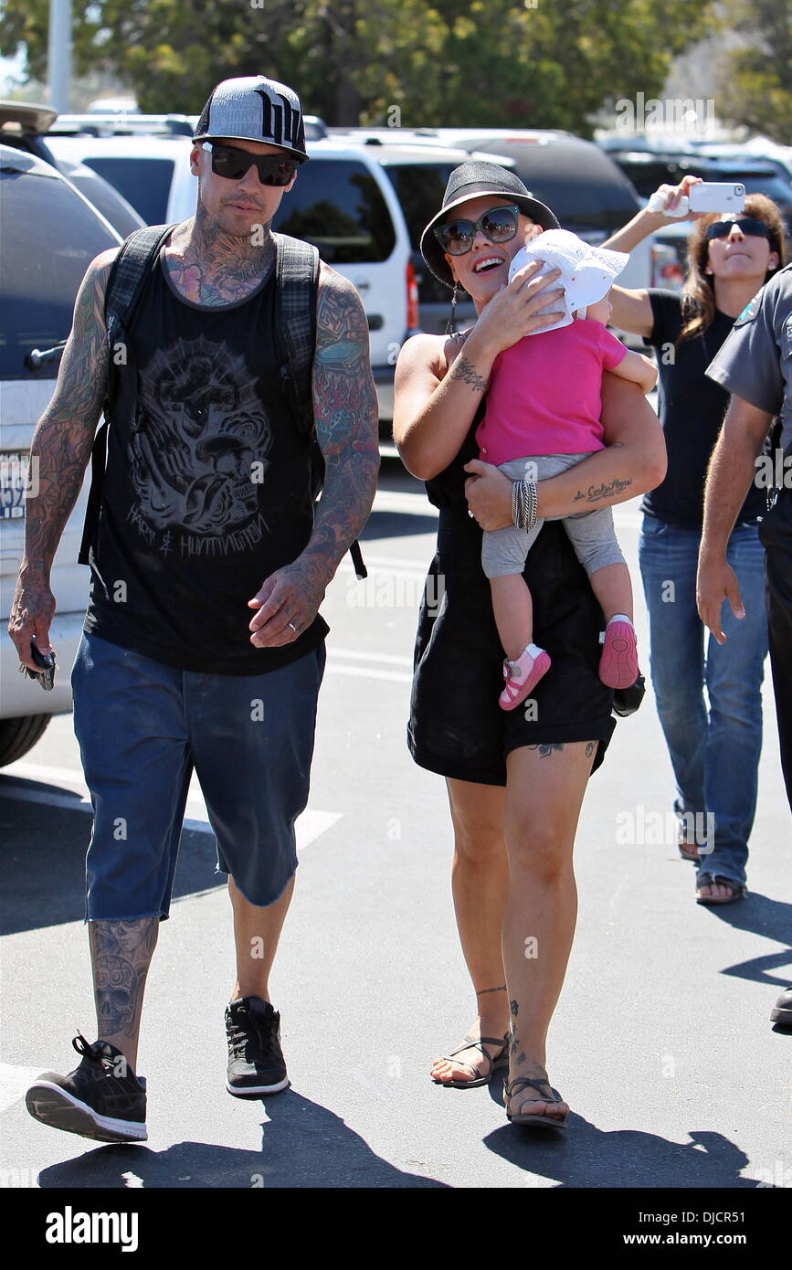 Pink aka Alecia Beth Moore, Willow Sage Hart, and Carey Hart Pink enjoys a day with her family at a chili cook-off in Malibu Los Angeles, California - 02.09.12 Stock Photo