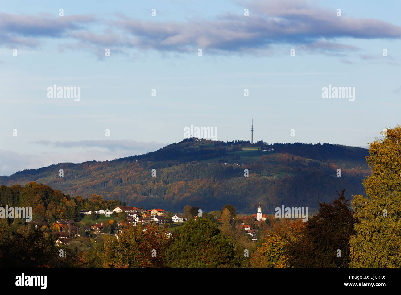 Germany, Upper Bavaria, Oberhausen with Hoher Peissenberg Stock Photo