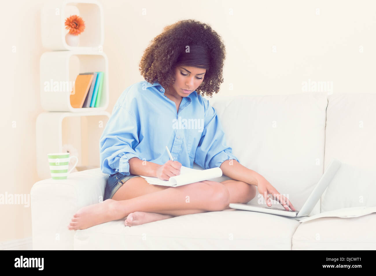 Pretty focused student taking notes using laptop Stock Photo