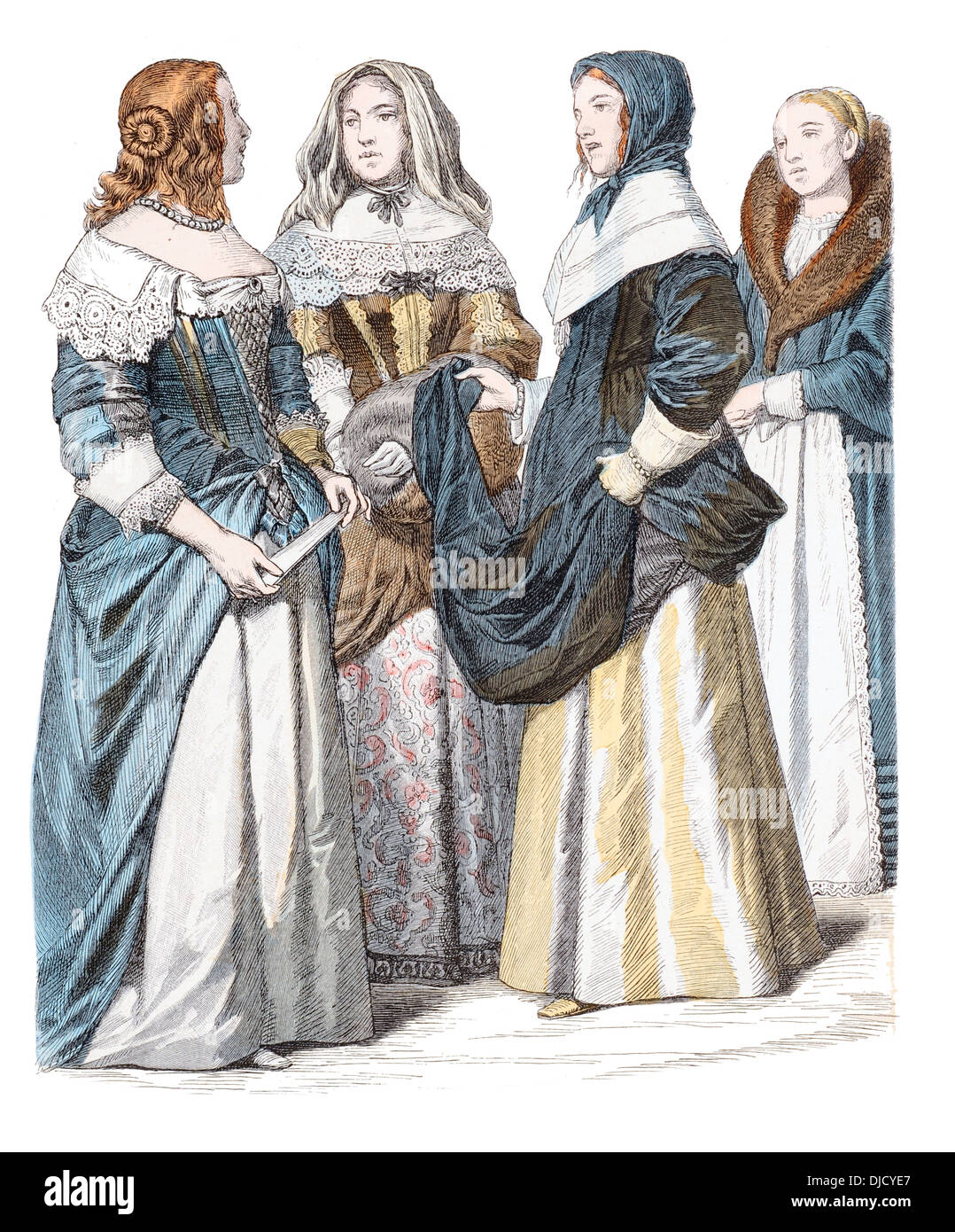17th century XVII1600s (Left to right) English Noble Lady, French Ladies from Paris Rouen Dieppe. Stock Photo